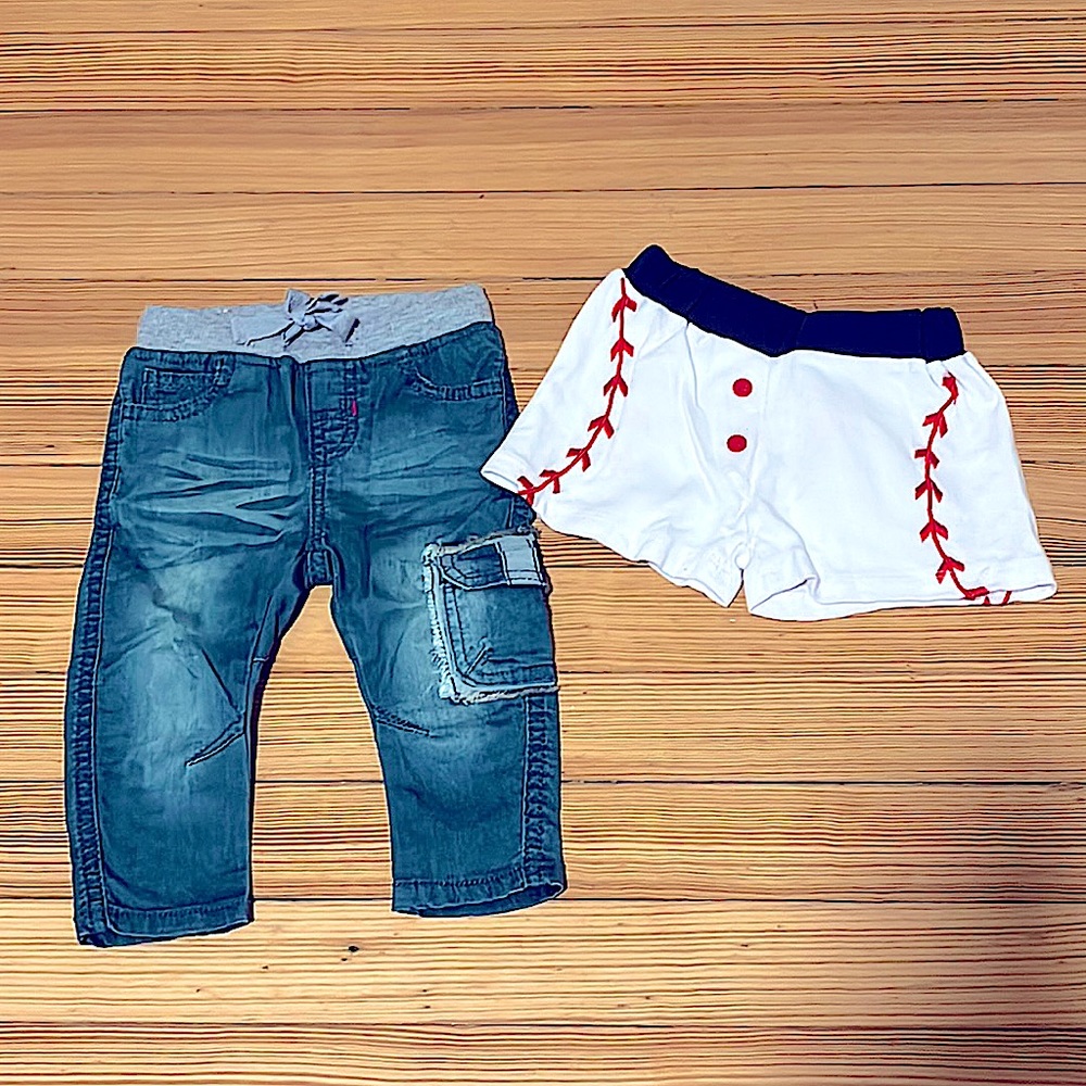 2 pc. Baby Boy Clothing Lot. Jeans and Baseball Shorts Bundle. 6-12 months